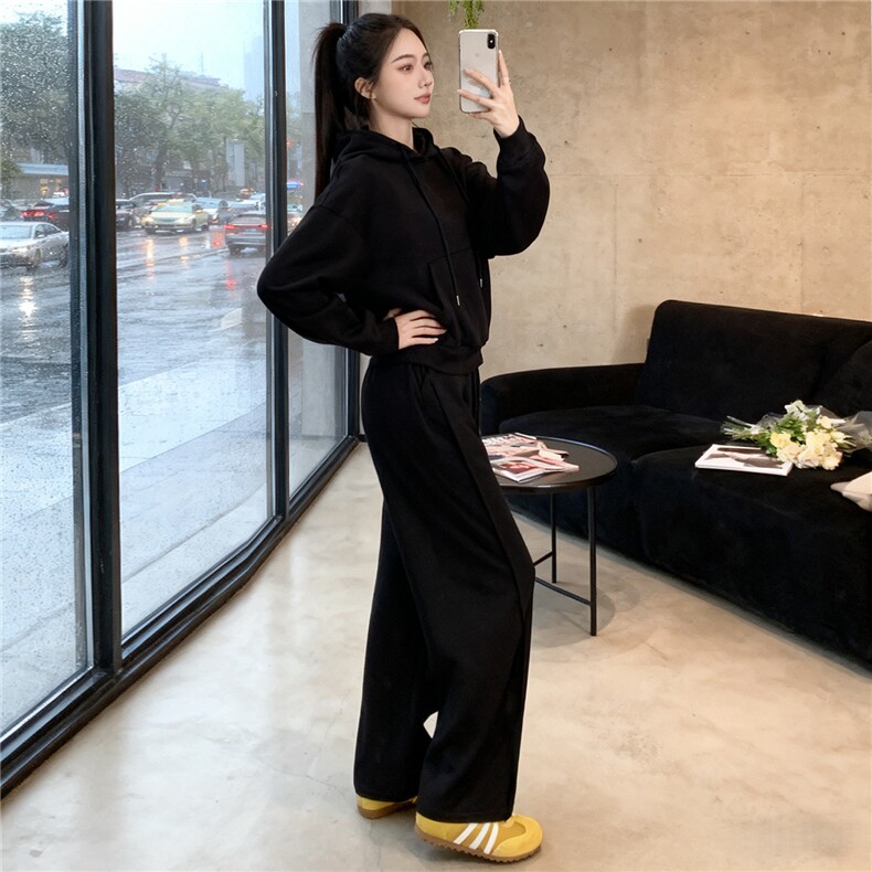 女秋季网红炸街时尚运动套装盐系穿搭纯色连帽卫衣阔腿长裤两件套,女装套装/套裙,江南