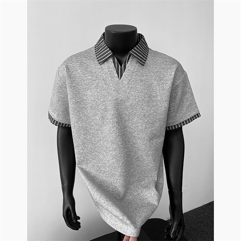 2025夏季拼接假两件V领短袖T恤男女高品质POLO衫812-PL11-P48,男装T恤,星座812