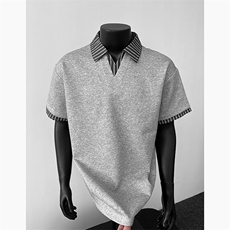 2025夏季拼接假两件V领短袖T恤男女高品质POLO衫812-PL11-P48，男装T恤，星座812