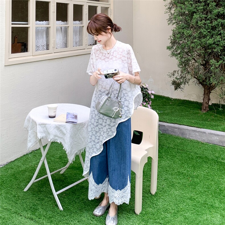 盐系蕾丝拼接休闲裤两件套2025新款夏季淡人穿搭轻薄圆领罩衫套装,女装套装/套裙,2B237
