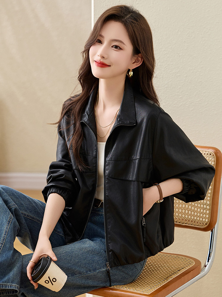 气质翻领黑色皮衣女2025春秋新款小个子短款休闲高级感皮夹克外套,女装短外套,沁沁公主
