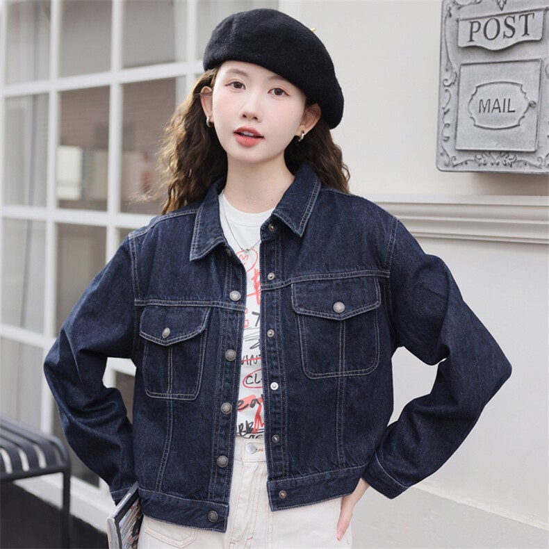 现货可推2024新款秋装港风复古简约宽松休闲气质水洗牛仔外套女，女装牛仔外套，苗苗