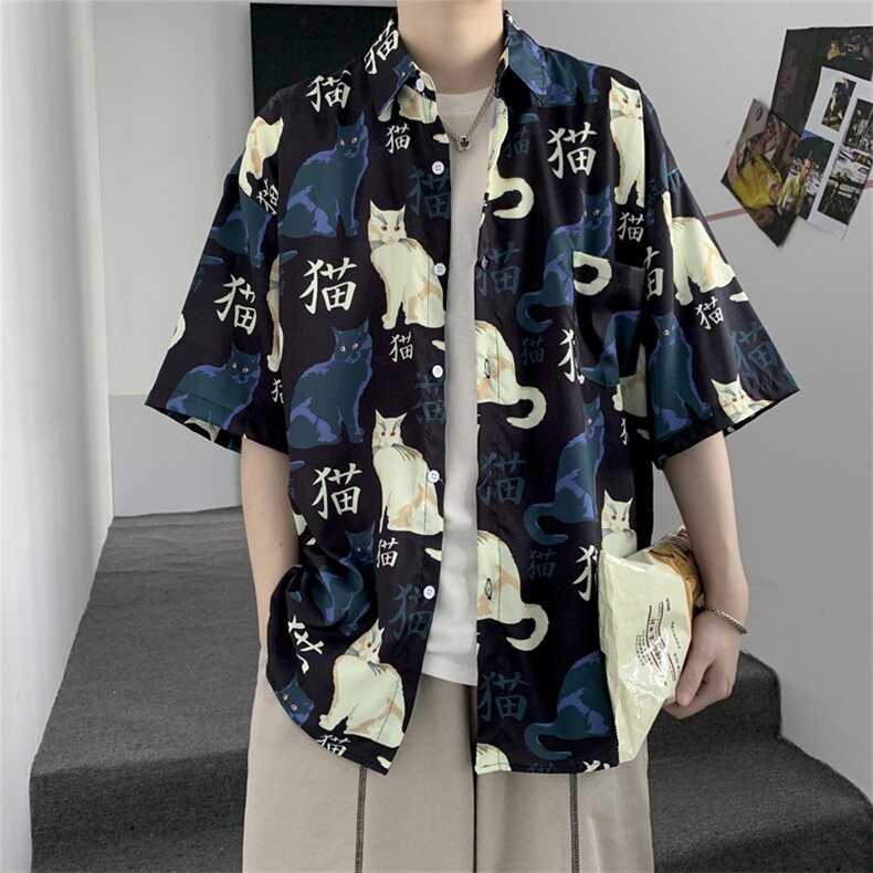 潮牌ins衬衫男港风百搭猫印花宽松半袖帅气休闲短袖衬衣 W651-P28图片