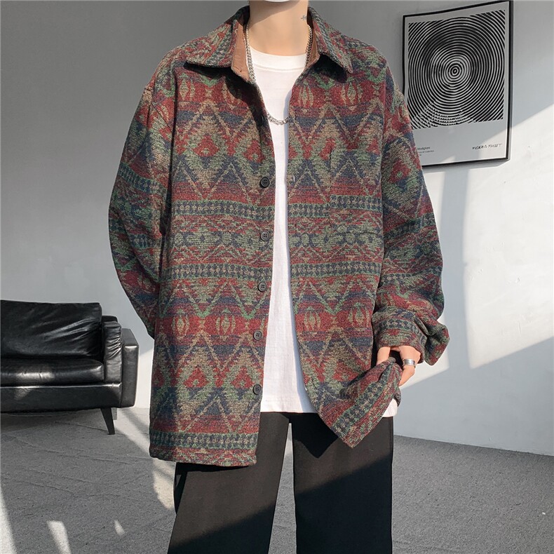 8XL-M复古大码民族风衬衫男款春季加厚粗呢藏式外套CS29001P68,男装民族服装,电商B312