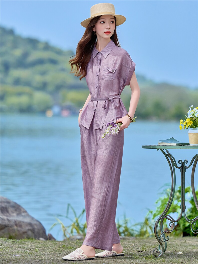 2026年夏季新款时尚收腰文艺风系带阔腿裤套装,女装套装/套裙,依恋蒂丝