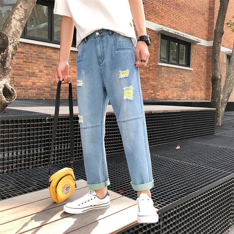 2021港风春夏款男装牛仔裤破洞拼接潮男休闲裤N,男装牛仔裤,星座1013-1