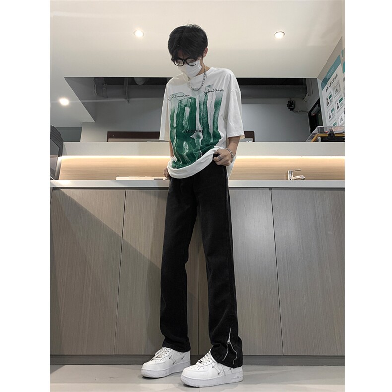 现货渐变拉链黑色牛仔裤男大码修身直筒裤K5804-K5805-P50,男装牛仔裤,星座205