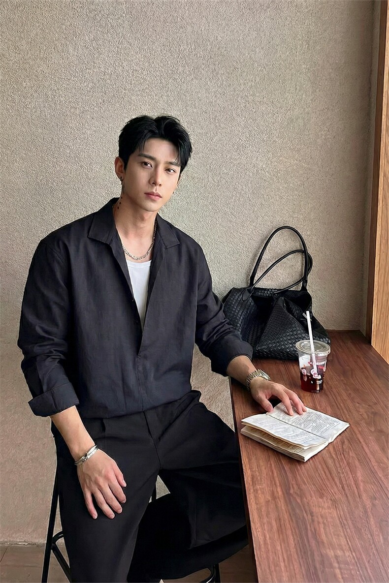 高支全棉假两件长袖衬衫设计感复古男士套头式C61329-TP4589,男装衬衫,电商A102