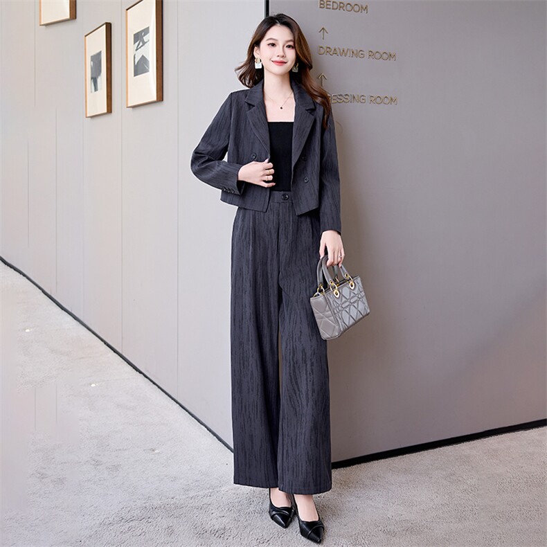 气质条纹印花西服套装女2024秋季新款休闲通勤短外套阔腿裤两件套,女装套装/套裙,时尚俏佳人