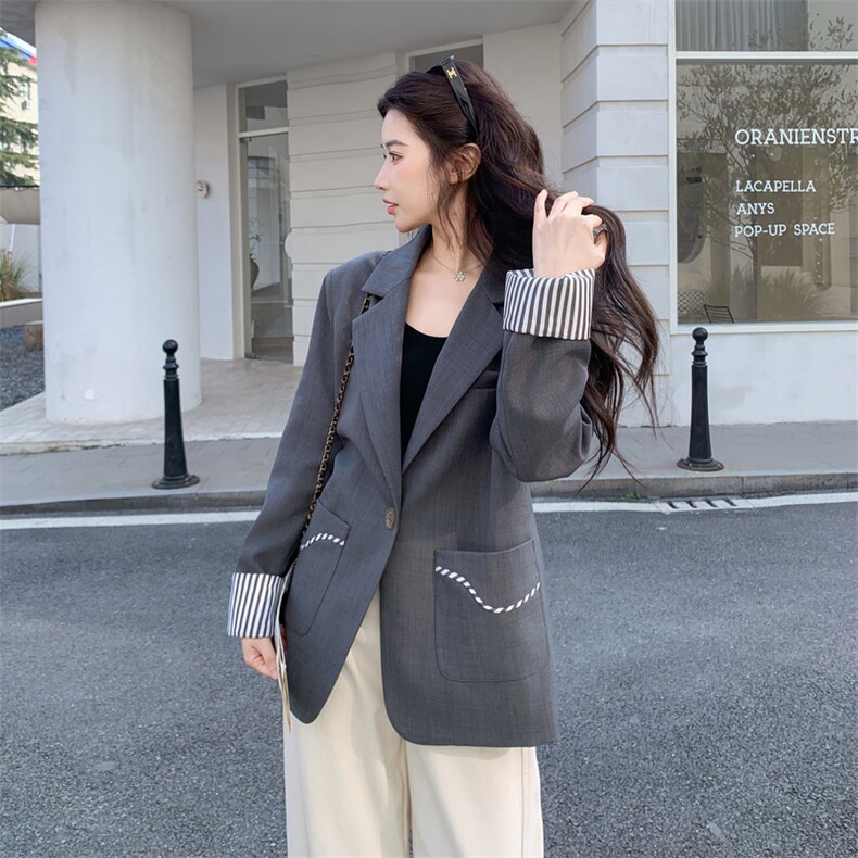 28081-7708-P145-K218春装新款灰色休闲百搭设计感西装外套,女装西装,韩蜜菓