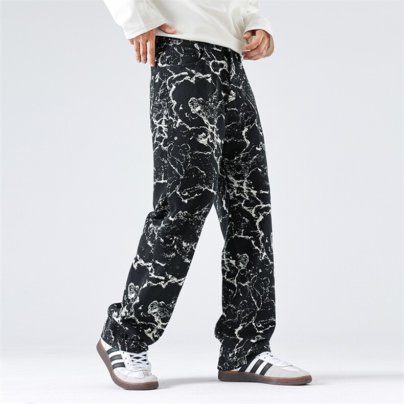 B230档2025秋冬新款黑色潮牌满印提花宽松直筒牛仔裤男9165P90，男装牛仔裤，电商B230