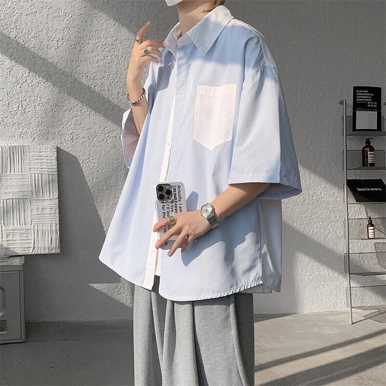 仓库现货CS1120-特批25条纹撞色拼接百搭痞帅大码短袖衬衫,男装衬衫,电商A059