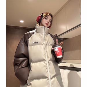 EQ346 PU皮棉衣撞色油墨印花冬季加厚面包服外套男女情侣装2023图片