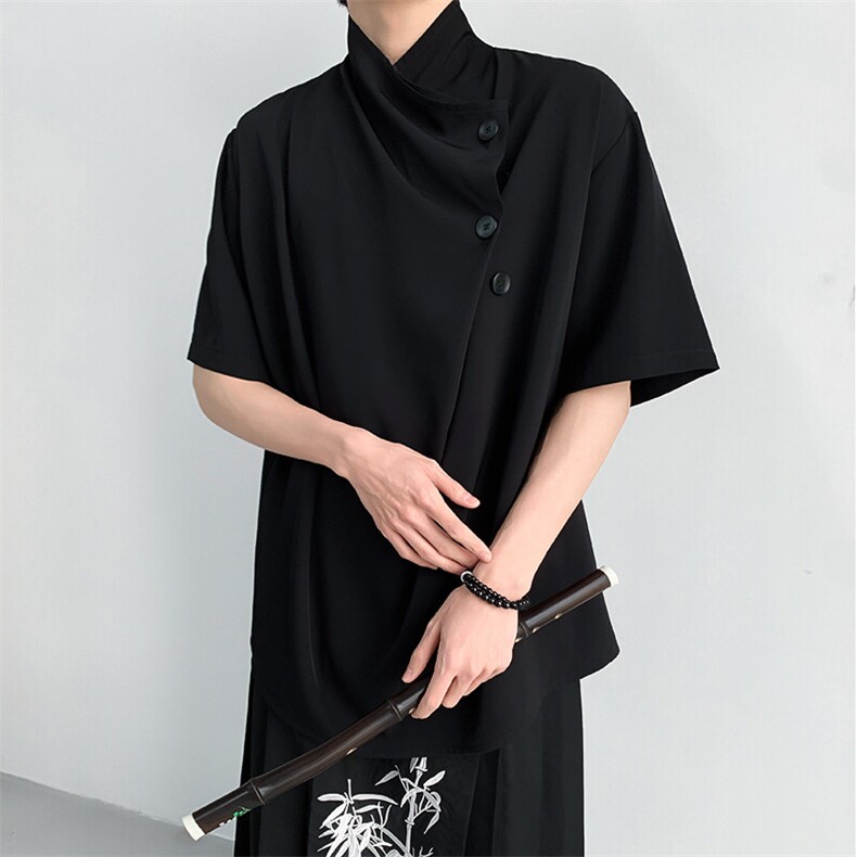 高品质夏季中袖现货中式纯色撞色排扣T恤CS29-P60控88,男装T恤,电商A021