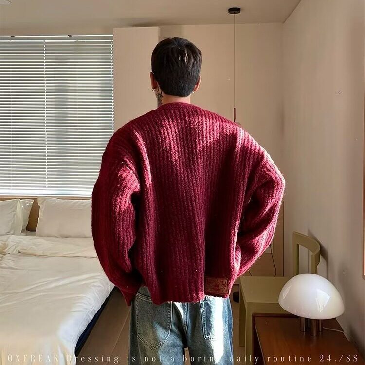 2025秋季复古潮牌纯色开衫毛衣男宽松情侣慵懒针织衫外套,男装针织衫/毛衣,星座516A