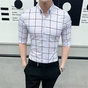 2021夏季七分袖格子衬衫男中袖半袖短袖衬衣A470-CS06图片