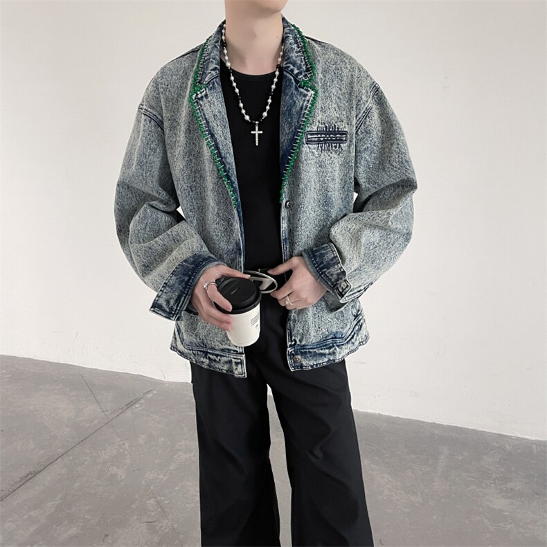 手工钉珠装饰西装领牛仔外套男韩系宽松廓形夹克JK009P138,男装工装外套,星座512-1（原513-3）