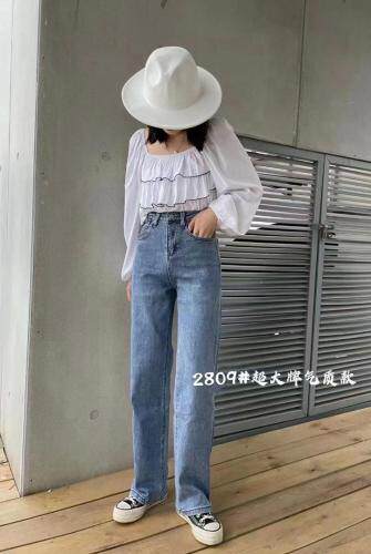 现货2021春弹力休闲直筒牛仔裤S一XL，女装牛仔裤，简 影