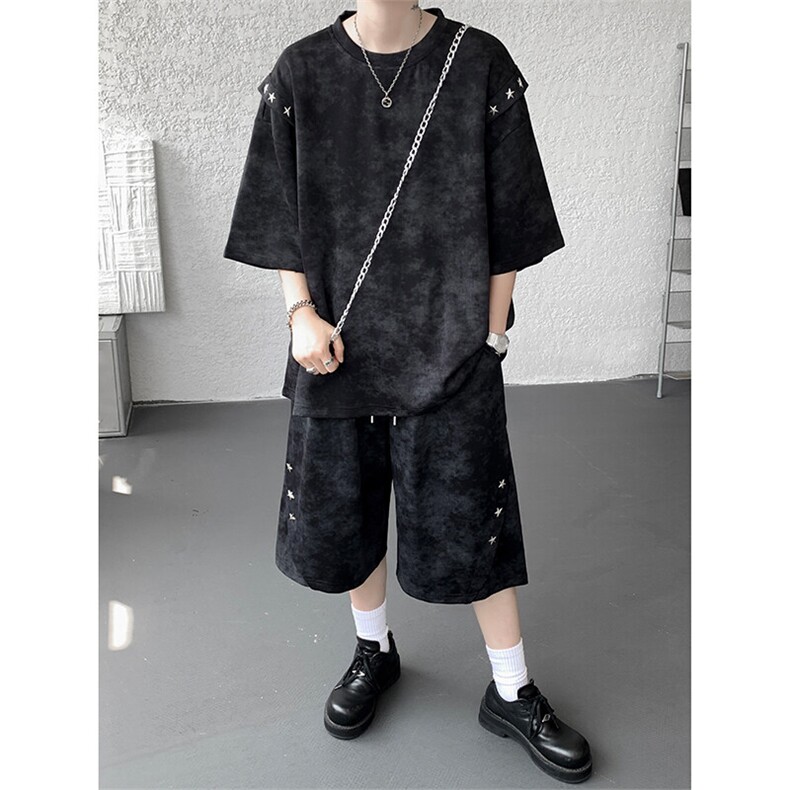 夏季短袖短裤套装男生美式高街痞帅扎染青少年宽松圆领大码运动服,男装T恤,电商A059