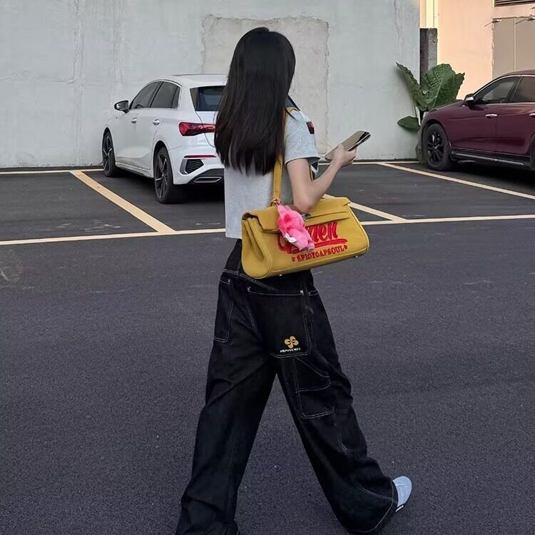 复古宽松直筒刺绣牛仔裤女2025春秋季新款高腰阔腿裤子,男装牛仔裤,星座506A