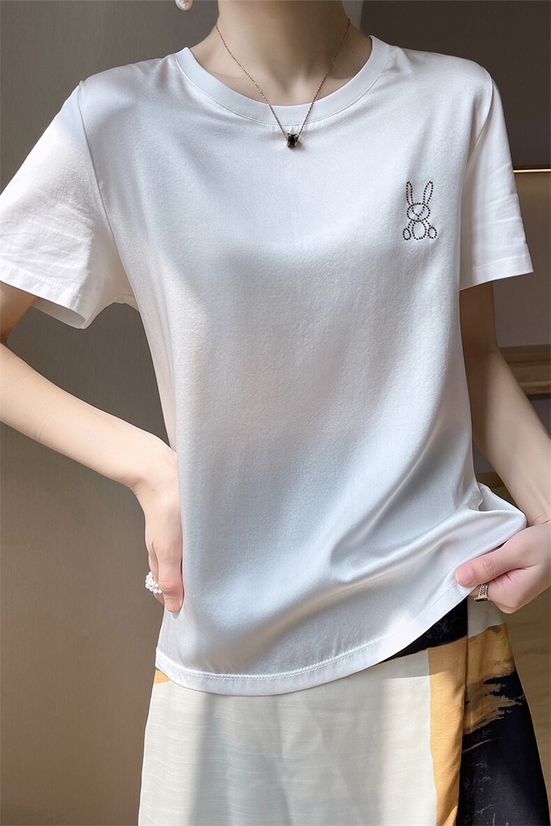 重磅真丝t恤女短袖印花桑蚕丝白色圆领小衫2024夏装半袖短款上衣,女装T恤,兴泰羊绒