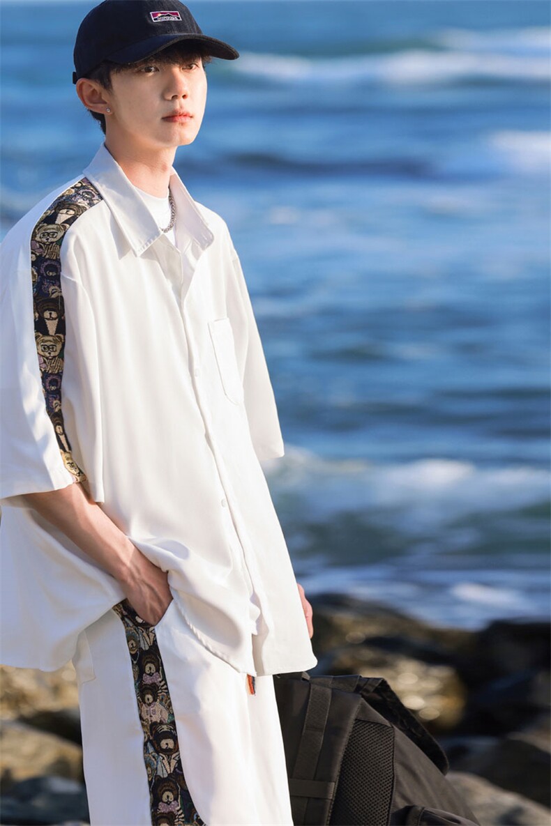 1小熊短袖衬衫男+短裤大码情侣套装92%聚酯纤维8%氨纶TZ77058P70,男装衬衫,星座226-2
