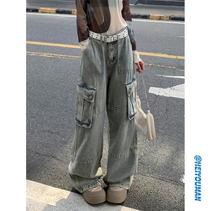新款高街ins风运动裤潮牌设计感牛仔裤休闲宽松裤子K590TP60控89图片