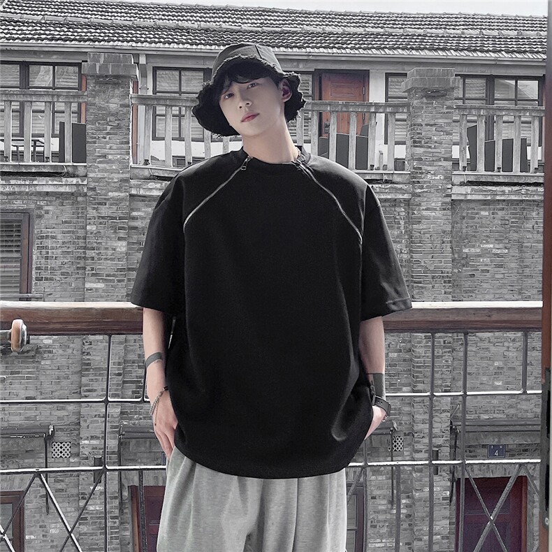 1港风美式双拉链设计T恤大码M-5XL情侣短袖T恤男DT77098P40控58,男装T恤,星座226-2