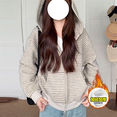480G重磅加绒硬挺boxy男女秋冬美式高街条纹毛呢卫衣开衫厚外套，女装短外套，电商A486-1