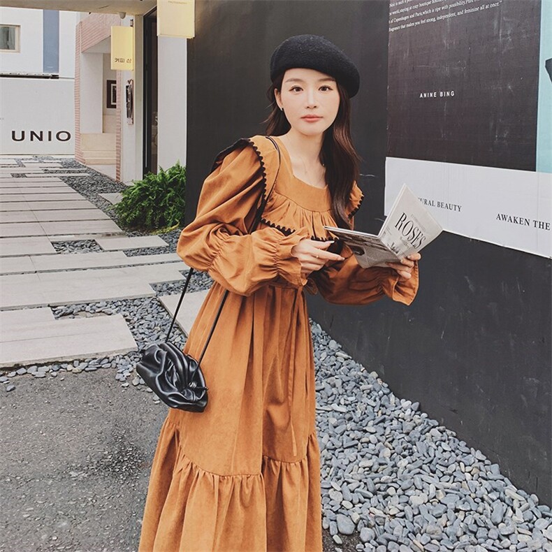 茶歇法式方领长袖连衣裙女春秋2024新款别致独特桔梗显瘦中长裙子,女装连衣裙,浙宝189