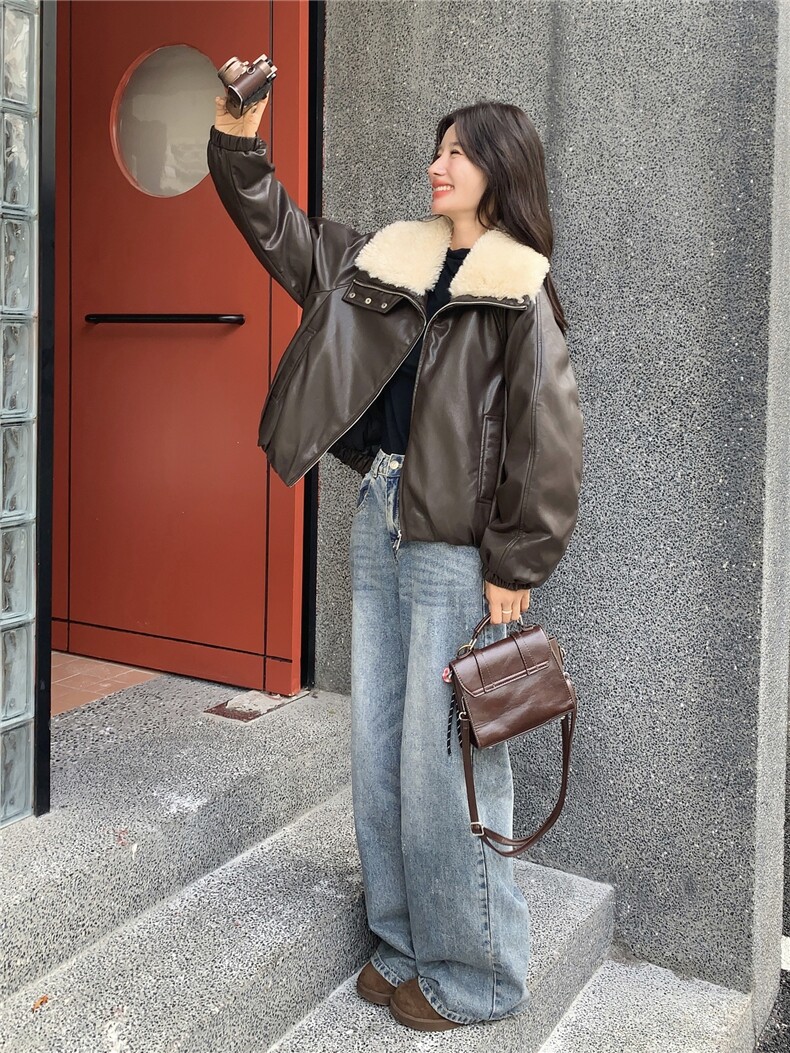 高级感气质羊羔毛领皮衣外套女2025冬季减龄韩系复古90白鸭绒外套,女装羽绒服,蝶眷