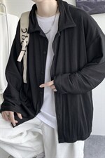 秋装中性港风褶皱纯色宽松长袖衬衫日系男女情侣外套H208/P55,男装衬衫,钱塘713
