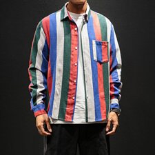 秋季中国风宽松潮男休闲粗条纹棉麻长袖衬衫嘻哈情侣衬衣C110/P55，男装衬衫，星座608A
