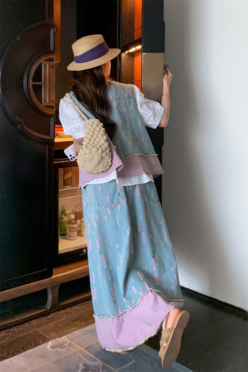 新款!!!2025牛仔破洞休闲三件套主推款,女装套装/套裙,2C230