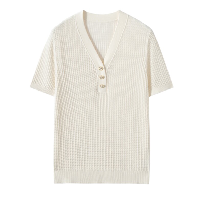 2025年夏季V领半开扣短袖时尚百搭，女装T恤，晨晟羊绒