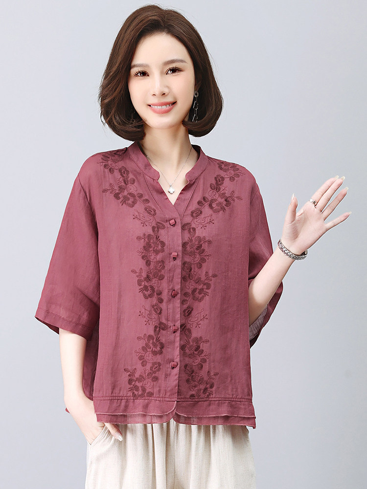 优雅刺绣苎麻短袖上衣夏季宽松显瘦女装衬衫,女装衬衫,悦见她
