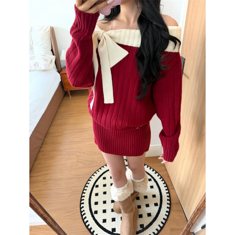 1506A/G1030/P69红色一字肩蝴蝶结针织衫女绞花纹毛衣图片