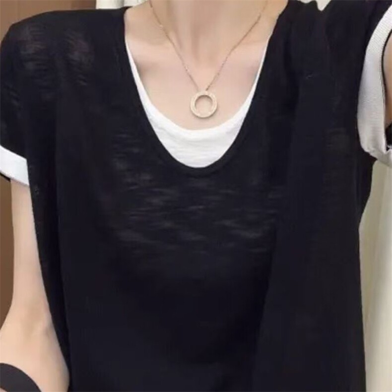女士简约精纺羊毛假两件拼色短袖,女装T恤,唯若美羊绒