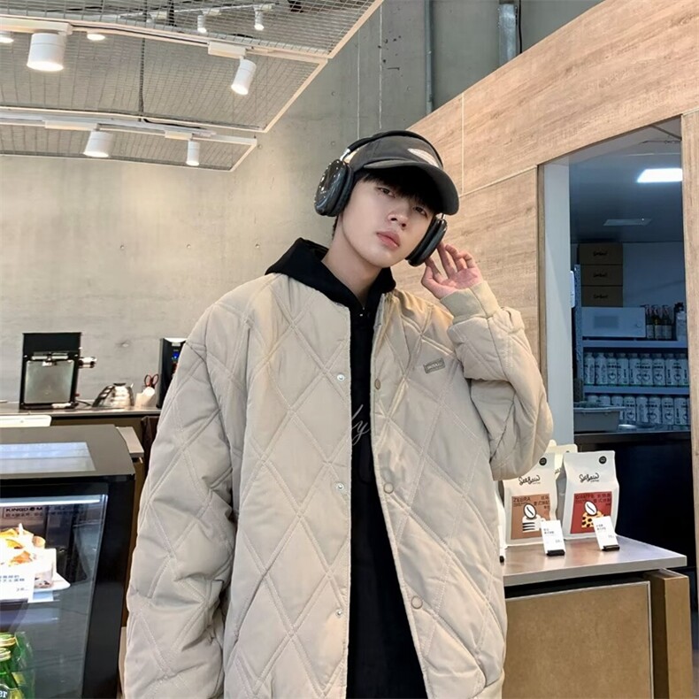 冬季棉袄菱格棉服男学院风百搭休闲棒球领夹克外套图片