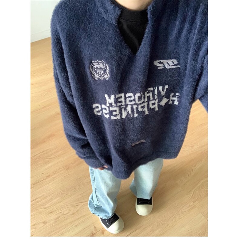 刺绣条纹水貂毛圆领毛衣男女松弛感慵懒风套头针织衫潮流MY9231,男装针织衫/毛衣,星座516A