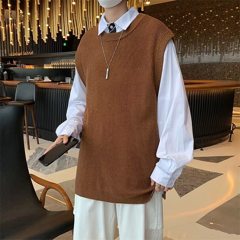 2023秋季v领毛衣背心男宽松针织衫纯色学院风毛衣苞芯线XM09P36图片
