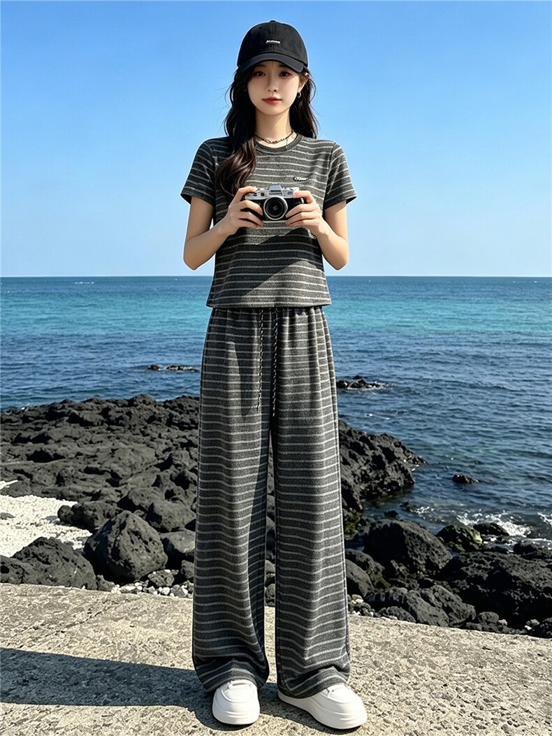 女夏季新款时尚休闲套装欧货圆领条纹短袖上衣高腰阔腿长裤两件套,女装套装/套裙,江南