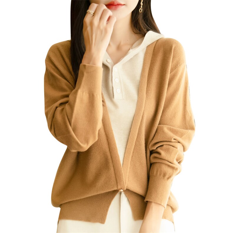 2025秋冬新款假两件拼色连帽针织衫女带帽毛衣宽松舒适外套上衣,针织衫/毛衣,佳绒包芯纱店