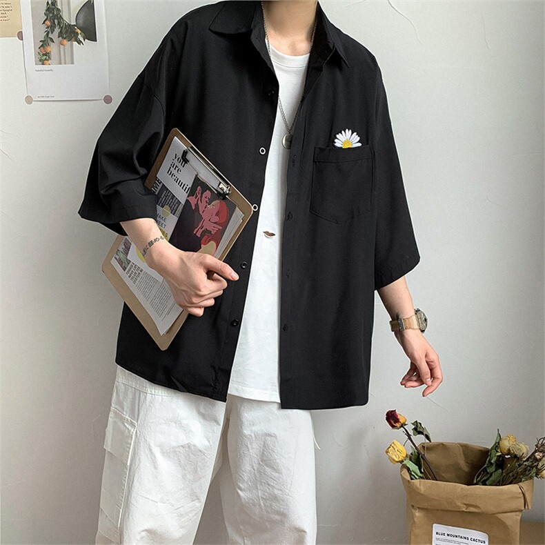 潮流宽松七分袖衬衣ins休闲百搭春季小雏菊短袖衬衫外套W637-P28,男装衬衫,星座512-2