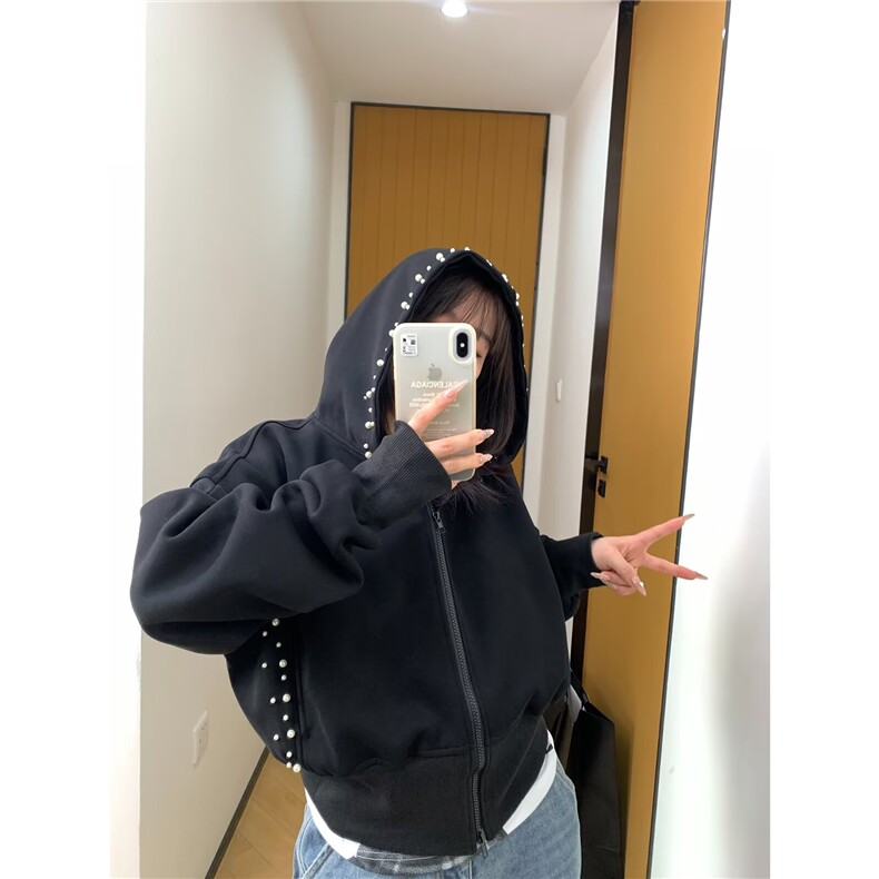 廓形短款宽松基础纯色中性落肩连帽拉链轻抓绒卫衣,男装卫衣,四季星座505