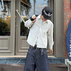 美式潮牌高街复古泡泡纱竖条纹日系肌理长袖衬衫男女休闲宽松衬衣图片
