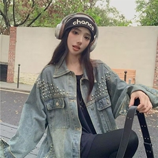JK29-P72美式高街头水洗破洞牛仔外套女春秋季设计感小众宽松，男装工装外套，电商B323A