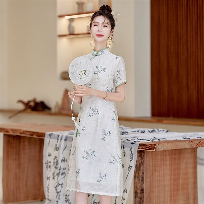 天丝皱印花连衣裙女夏季新款送考长裙修身显瘦改良版奥黛日常旗袍,女装连衣裙,利佳可人