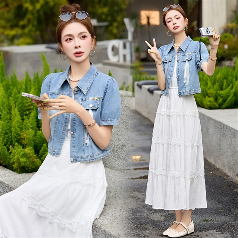 短袖牛仔两件套连衣裙女2025夏季新款外套搭配蕾丝吊带蛋糕裙套装,女装套装/套裙,慕依路