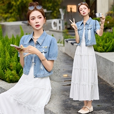 短袖牛仔两件套连衣裙女2025夏季新款外套搭配蕾丝吊带蛋糕裙套装，女装套装/套裙，慕依路